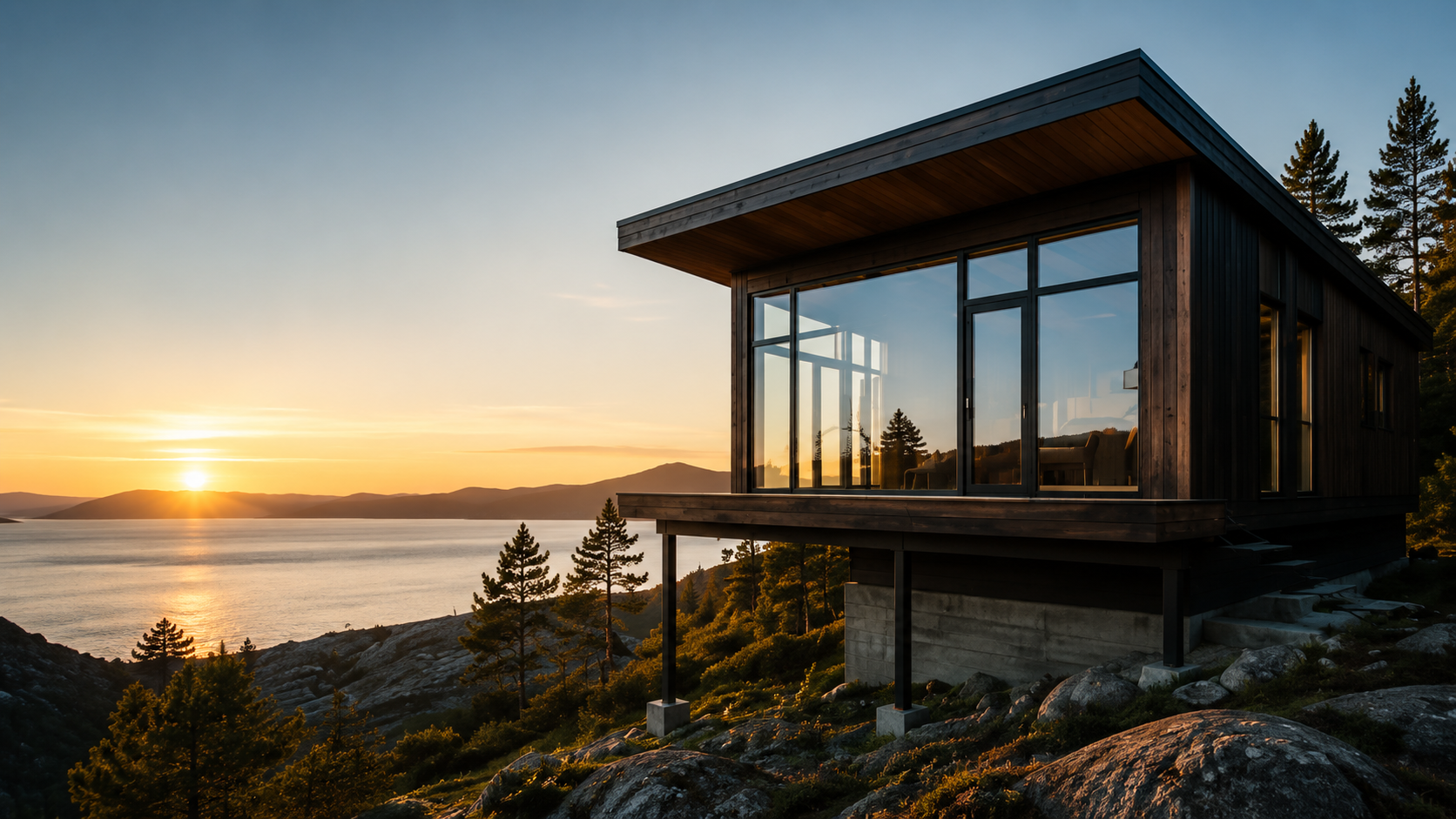 Nybygget hytte med utsikt i solnedgang